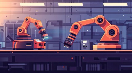 Poster - Two Industrial Robotic Arms Working on a Factory Assembly Line