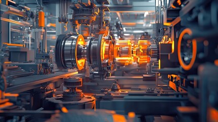 Poster - Close-up of an Industrial Machine with Glowing Orange Components