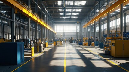Poster - Empty Industrial Factory with Yellow Beams and Machinery