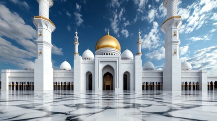 Majestic mosque with golden dome, stunning architecture under a blue sky.