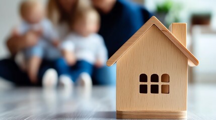 Wooden house model in foreground with family in soft focus background.