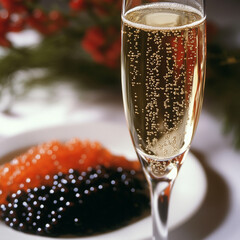 a glass of champagne in the foreground, in the background a snack of black and red caviar