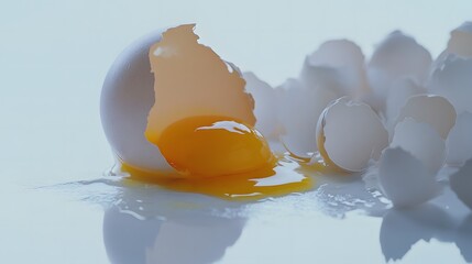 Cracked egg with yolk spilling out surrounded by empty eggshells, symbolizing food safety recall on clean white surface