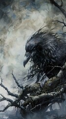 Sticker - Dark Raven in a Mystical Forest - Watercolor Illustration