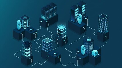 Poster - 3d isometric concept big data center animation with server. cloud computing. network mainframe infra