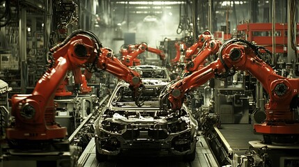 Poster - Industrial Robots Assembling a Car Body on a Conveyor Belt