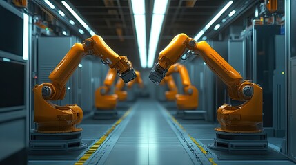 Poster - Industrial robotic arms working in a factory environment