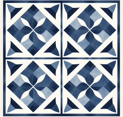 Vintage Blue geometric pattern design with ornamental element. Traditional Portuguese azulejo motifs.