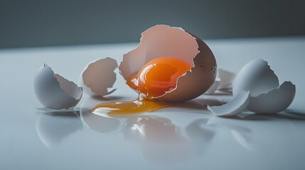 Cracked egg with yolk spilling out surrounded by empty eggshells, symbolizing food safety recall on clean white surface