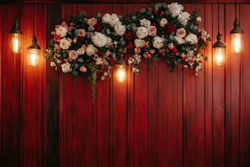 beautiful line wedding flowers in elegant red wooden wall with luxury electric lamps wedding