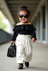 Adorable Chubby Baby Girl Takes the Catwalk by Storm in Trendy Off-the-Shoulder Ruffle Top, Wide-Leg Pants, and Stylish Stilettos