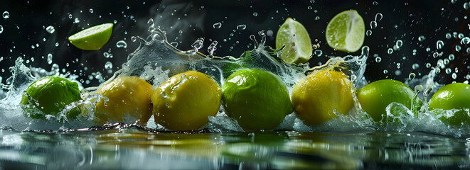 Poster - In the center of an isolated black background, there is water splashing and lemons falling into it. There are also several cut limes floating in the air