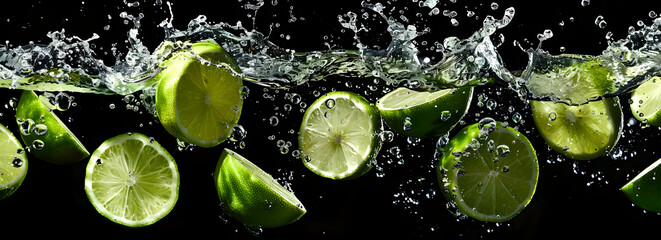 Poster - A high-speed photograph of limes and ice cubes splashing into water against a black background, creating dynamic compositions for commercial photography