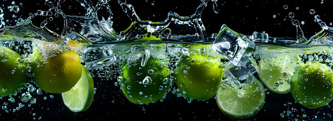 Poster - A high-speed photograph of lime slices suspended in mid-air, with water droplets and splashes around them against a black background