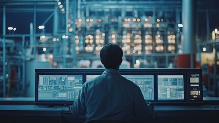 Poster - A Person Working at a Computer in a Control Room, Viewing Industrial Machinery Through a Window