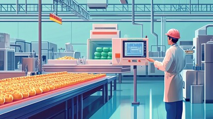 Poster - Worker Operating a Conveyor Belt in a Factory Setting