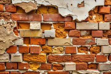 Wall Mural - Weathered brick wall with chipped mortar highlighting textured history