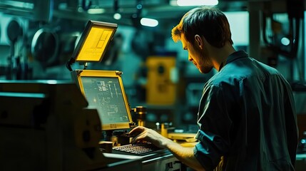 Poster - A Man Working on a Computer in a Factory Setting