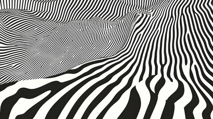 Wall Mural - abstract black and white striped pattern creating a wavy, 3d effect, appearing as a distorted landsc