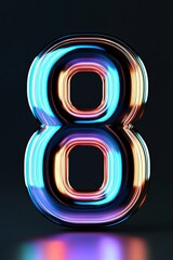 Wall Mural - A sleek 3D representation of the number 8 with a smooth futuristic design and glowing neon blue edges floating against a dark background with subtle digital wave patterns, without shadows.