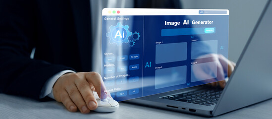 Poster - Artificial Intelligence Image Content Generator.AI image creation service technology.Person using AI software to generate images with  futuristic platform user interface. Image AI generator concept