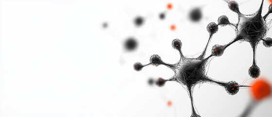 Aufkleber - Abstract 3D wireframe structure of interconnected molecules, showcasing blend of black and orange elements against white background. This evokes sense of scientific exploration and innovation