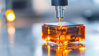 Advanced bioprinting technology creating cellular structures with precision and innovation. image showcases close up of bioprinter nozzle dispensing vibrant orange material