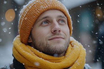 Poster - Man wearing a yellow hat and scarf is smiling in the snow. Concept of warmth and happiness despite the cold weather