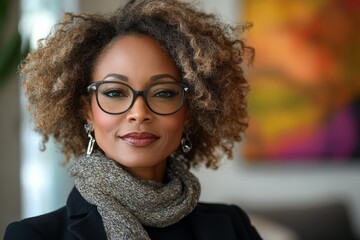 Poster - Woman with curly hair and glasses is smiling for the camera. She is wearing a scarf and a black coat