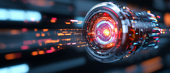 Poster - futuristic digital lens emitting vibrant light trails, showcasing advanced technology and innovation. dynamic colors and sleek design evoke sense of speed and creativity