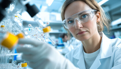 Poster - focused researcher in laboratory setting is conducting experiments with scientific equipment. blue light enhances atmosphere of innovation and discovery in biotechnology