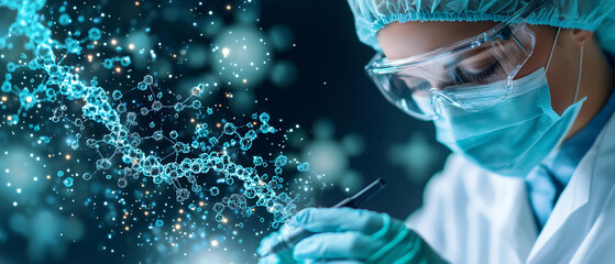 Poster - Innovative biotechnology researcher in clean lab coat, focused on analyzing molecular structures with precision. atmosphere is filled with scientific curiosity and discovery