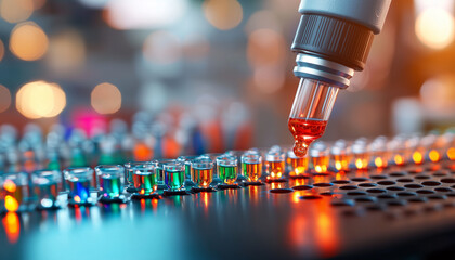 Poster - Close up of pipette dropping liquid onto colorful array of vials in laboratory setting, showcasing precision and excitement of scientific experimentation