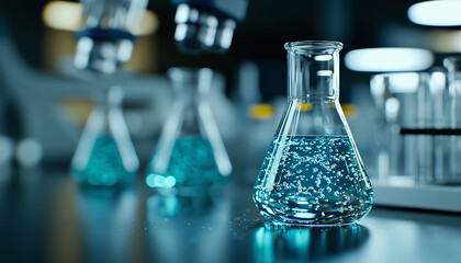 Poster - Close up of laboratory glassware with bioengineered organisms, showcasing beaker filled with blue liquid and bubbles. scene conveys sense of scientific exploration and innovation