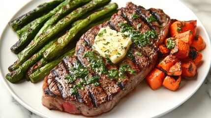 Sticker - Grilled Steak with Asparagus and Vegetables on Plate