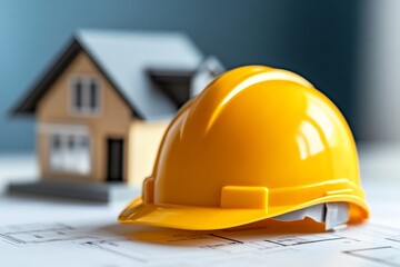 Yellow hard hat is on top of a piece of paper with a house in the background. Concept of construction or building work, with the hard hat symbolizing safety and protection for the workers