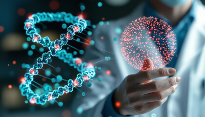 Innovative scientist conducting DNA analysis with advanced technology, showcasing DNA helix and molecular structures. image captures essence of modern genetic research and discovery