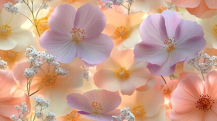 Canvas Print - Pastel wildflowers and baby's breath in shades of peach, lavender, and pale yellow, seamlessly flowing in a repeating pattern, hd quality, subtle shading and delicate petals,