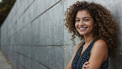 Wall Mural - Smiling young woman with curly hair standing against a textured urban wall, exuding confidence