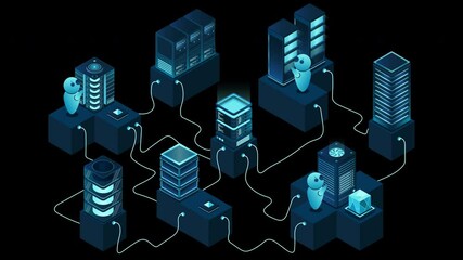 Poster - 3d isometric concept big data center animation with server. Cloud computing. Network mainframe infrastructure. Isometric high technology concept. Transparent background with alpha channel