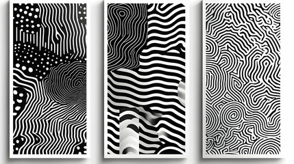 Wall Mural - abstract black and white line art prints with geometric patterns in frames