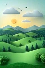 Wall Mural - A serene, vibrant landscape at sunrise with rolling green hills, mountains, and a clear blue sky