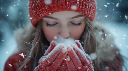 Young woman in red hat and gloves blowing on her hands in the snow.