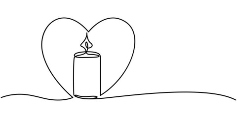 Continuous line drawing.Candles and heart. Black isolated on white background. Hand drawn vector illustration, Candle with a heart. One line vector illustration. Love, romantic. Simple black and white