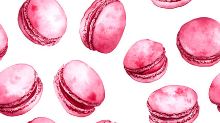 Sticker - Watercolor seamless pattern of raspberry macaroons on a white background