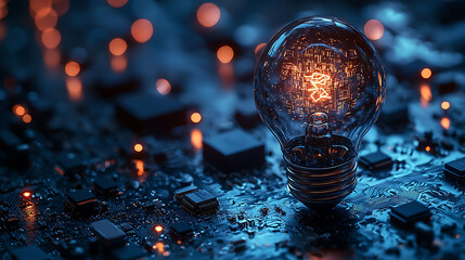 Aufkleber - A glowing light bulb sits on a circuit board, representing innovation and new ideas.