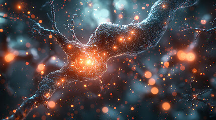 Poster - A detailed 3D illustration of a neuron with bright glowing nodes.