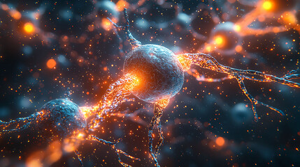 Poster - Abstract digital illustration of connected neurons with glowing synapse.