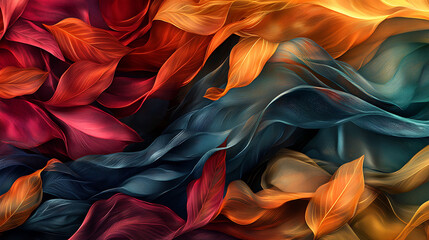 Aufkleber - Abstract swirling pattern of vibrant red, orange, and blue colors resembling flowing leaves.