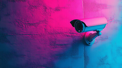 Poster - A white security camera mounted on a brick wall with neon pink and blue lighting.